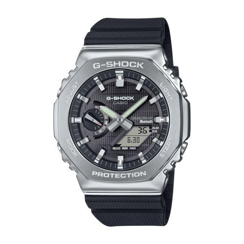 Mens G-Steel 2100 Mobile Link Solar Steel & Black Resin Watch Black Dial