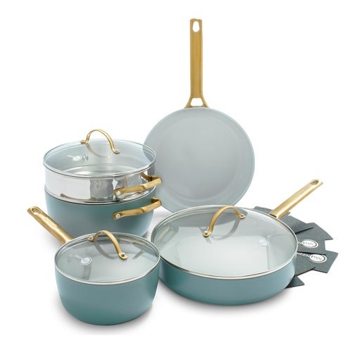 RESERVE CERAMIC NONSTICK 8PC COOKWARE SET W/ 2 PAN PROTECTORS SMOKY BLUE