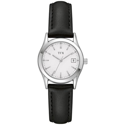TFX Ladies Silver & Black Leather Strap Watch White Dial