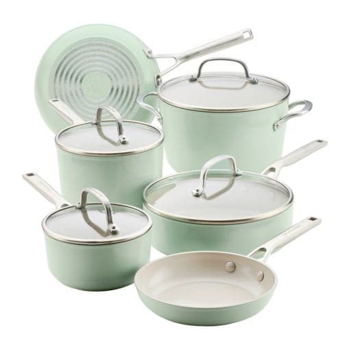 10pc Hard-Anodized Ceramic Induction Nonstick Cookware Set Pistachio
