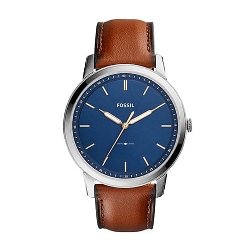 Mens Minimalist Light Brwn Leather Strap Watch Nvy Blu Dial