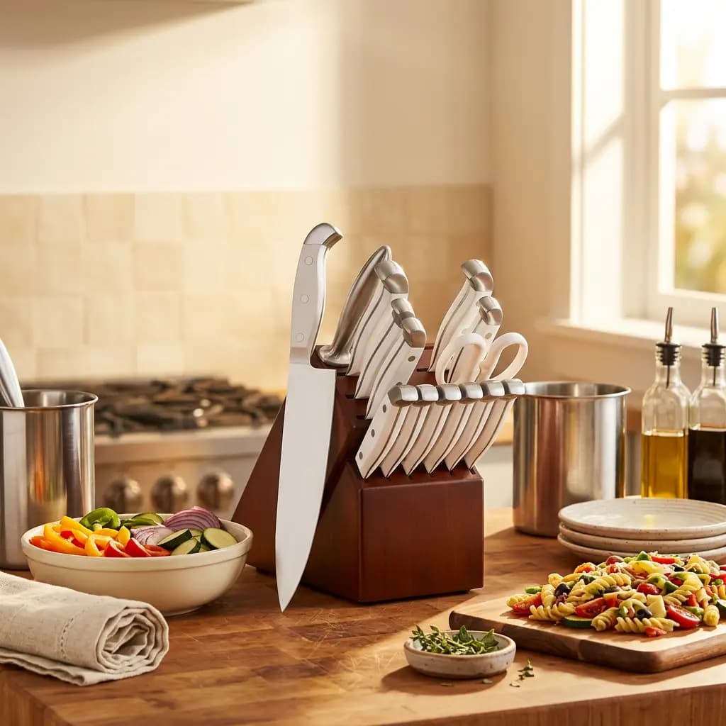 Statement 15pc Knife Block Set w/ White Handles