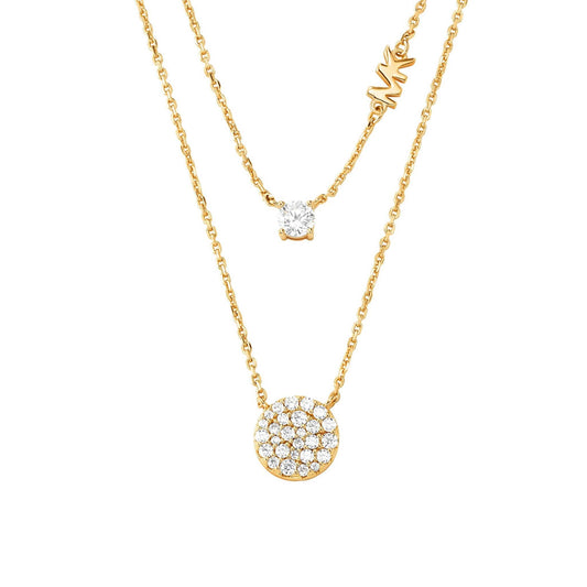 MICHAEL KORS PRECIOUS METAL STERLING SILVER PAVE DISC LAYER NECKLACE, 14K GOLD PLATED