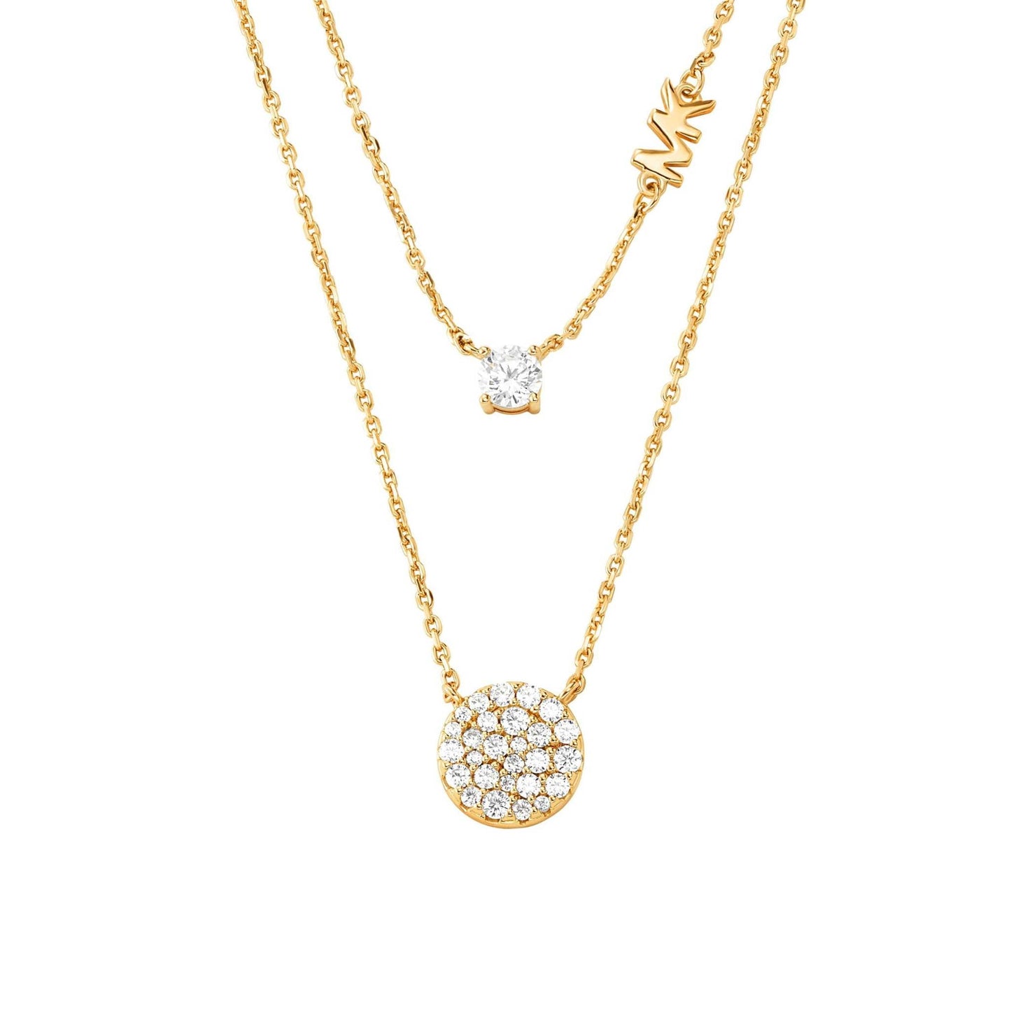 MICHAEL KORS PRECIOUS METAL STERLING SILVER PAVE DISC LAYER NECKLACE, 14K GOLD PLATED