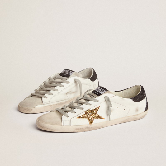 SIZE 9 SUPERSTAR SNEAKERS WITH GOLD STAR AND GLITTERY BLACK HEEL TAB