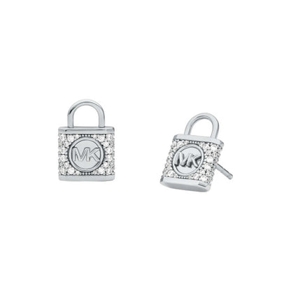 PRECIOUS METAL STERLING LOCK PAVE STUD EARRINGS RHODIUM PLATING