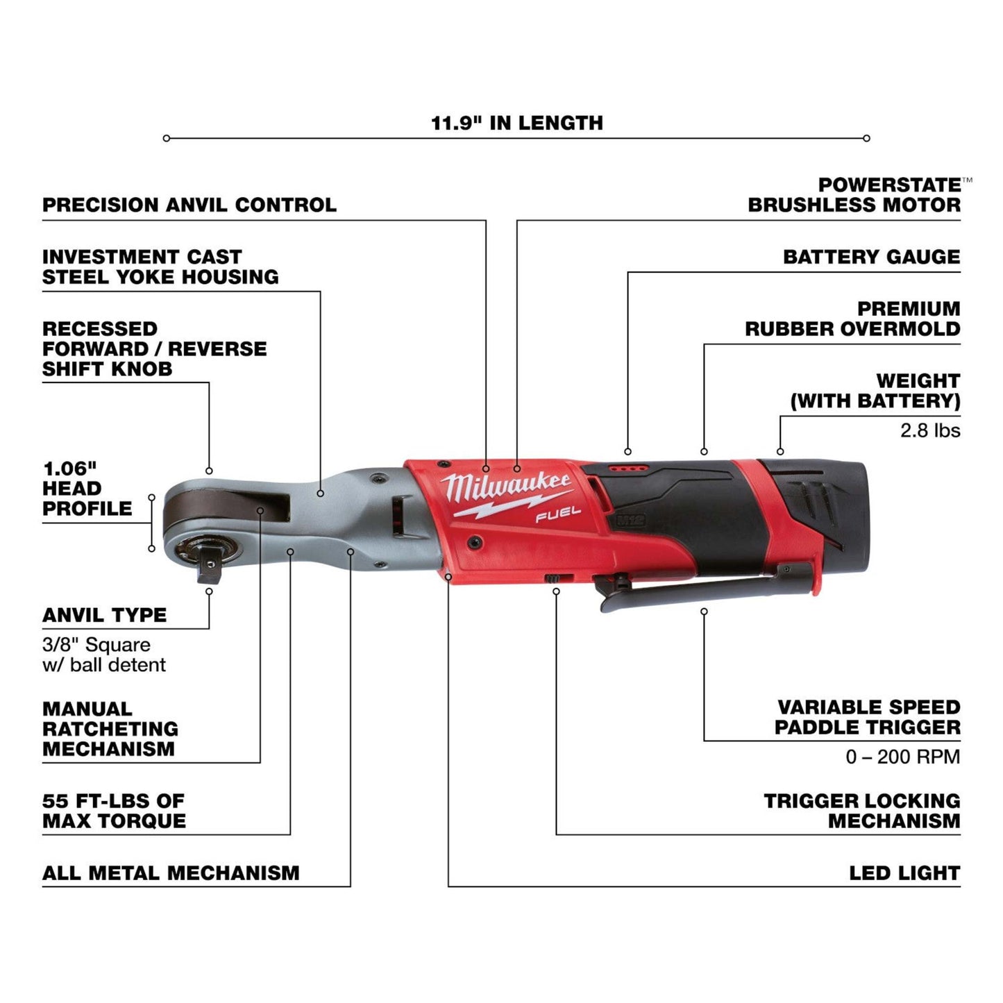 M12 FUEL 3/8" RATCHET KIT W/ 2 BATTERY PACKS