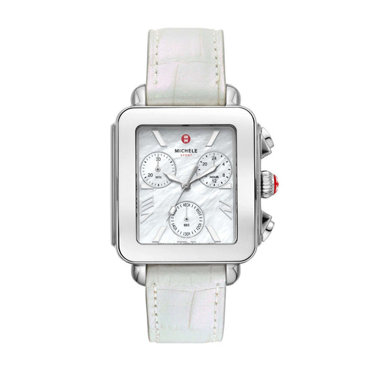 LADIES' DECO SPORT CHRONOGRAPH SS LEATHER WATCH, MOP DIAL