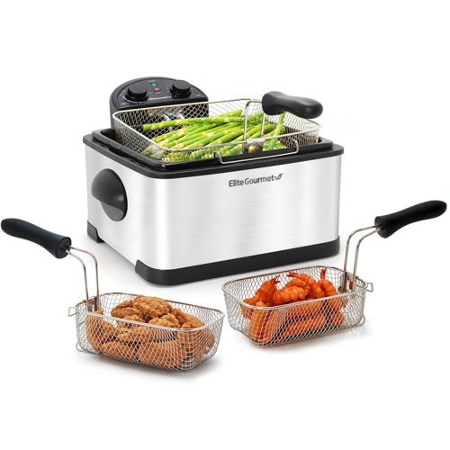 4qt Dual Basket Deep Fryer w/ Lid, Stainless Steel