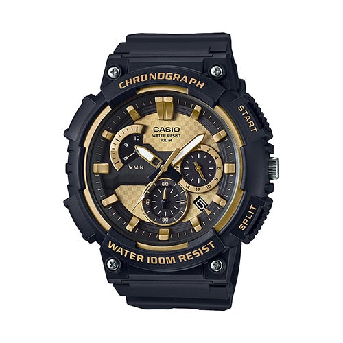 Mens Classic Chronograph Analog Resin Watch Black & Gold Dial