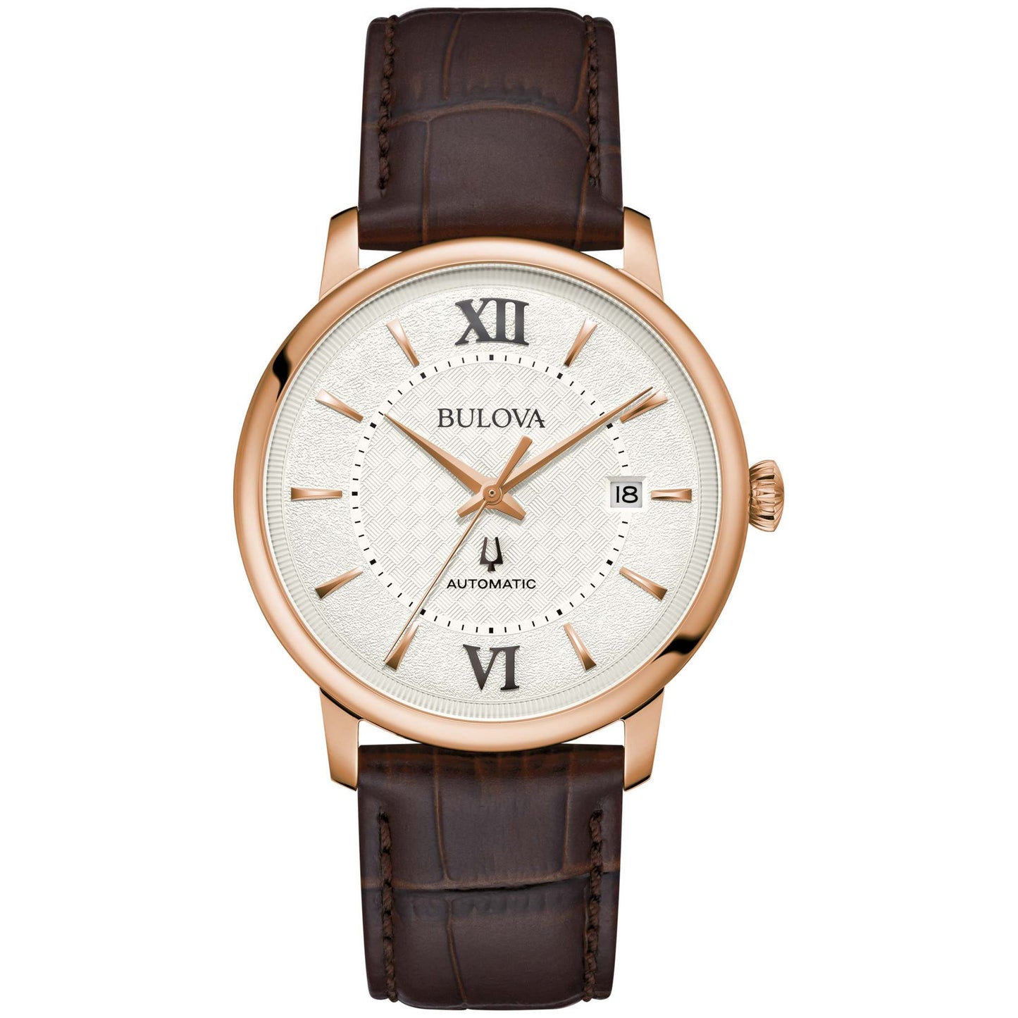 MEN'S HUDSON AUTOMATIC BROWN LEATHER STRAP WATCH, SILVER BASKETWEAVE DIAL