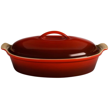 4QT HERITAGE STONEWARE COVERED OVAL CASSEROLE CERISE