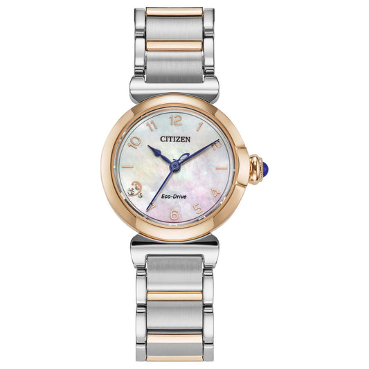 LADIES' MAE ECO-DRIVE TWO-TONE STAINLESS STEEL WATCH, WHITE MOP DIAL