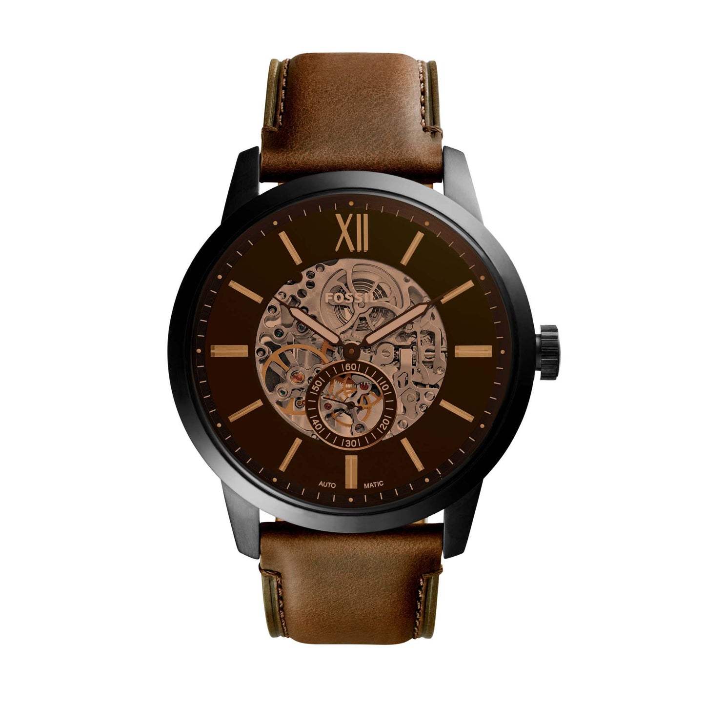 MEN'S TOWNSMAN LARGE AUTOMATIC BROWN LEATHER STRAP WATCH, BROWN DIAL