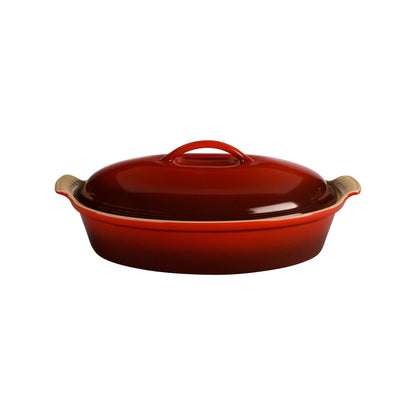 4QT HERITAGE STONEWARE COVERED OVAL CASSEROLE CERISE